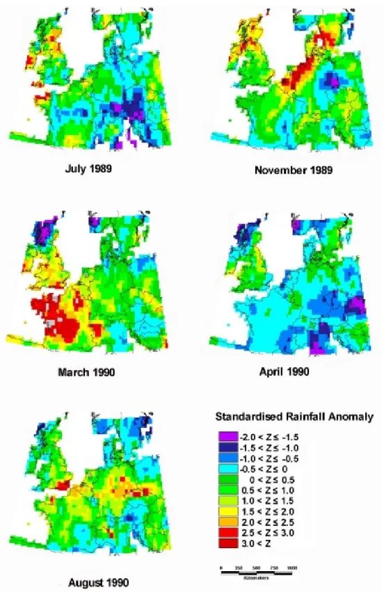 Fig. 4. Spatial variation in month Standardised Precipitation Anomaly at key points during the 1989/90 period