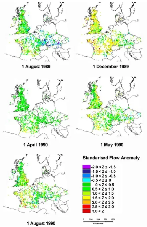 Fig. 5. Spatial variation in standardised flow anomaly at key points during the 1989/90 drought
