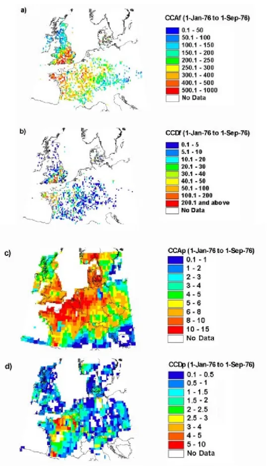 Fig. 9. Spatial distribution of (a) Cumulative Cell Anomaly and (b) Cumulative Cell Deficit for the period from 1 st  January 1976 to 1 st  September 1976 based on streamflow data and (c) Cumulative Cell Anomaly and (d) Cumulative Cell Deficit for the peri