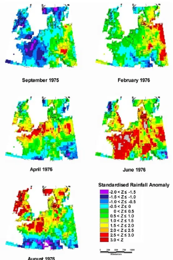 Fig. 1. Spatial variation in Standardised Monthly Rainfall Anomaly at stages within the 1975/76 drought