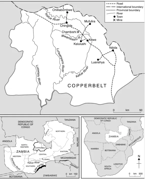 Fig. 1. Location map showing Zambia, the Copperbelt Province and the Chambishi Mine.