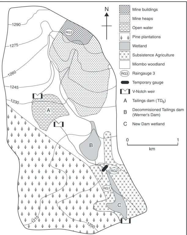 Fig. 2. Chambishi catchment, showing topographic contour lines, drainage network, rain gauges and main land-cover categories.