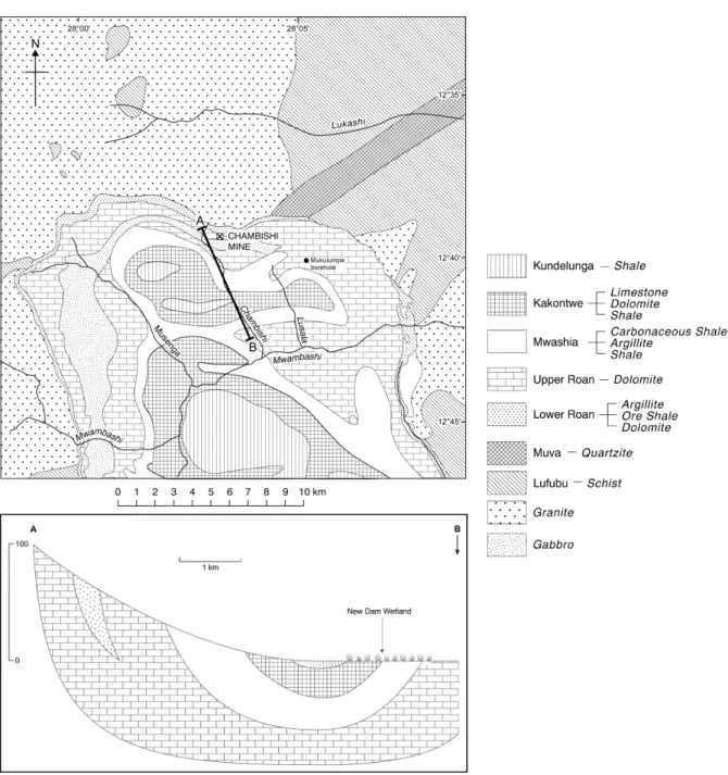 Fig. 3. Surface geology of the Northern Chambishi Basin showing cross section along cut-line AB, which includes the New Dam wetland (after Garlick, 1961a)