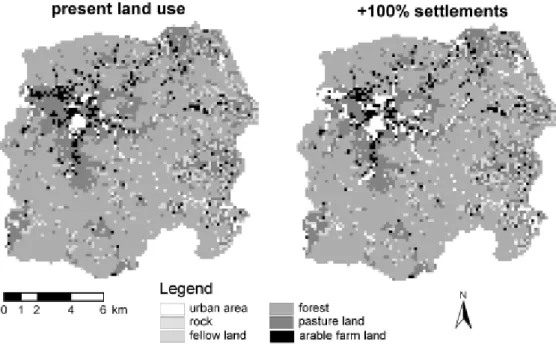 Fig. 4. Present land use and urbanisation scenario (+100% settlements) of the Dreisam basin.