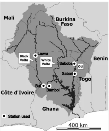 Fig. 1. Map of the Volta Basin showing the Gauging Stations used in the Study.