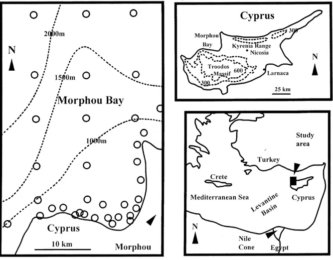Fig. 1. Location maps for Morphou Bay. The map to the left of the page shows the sample locations (open circles) and water depth (dotted lines), while the maps to the right of the page show Morphou Bay in relation to Cyprus and Cyprus relative to the easte