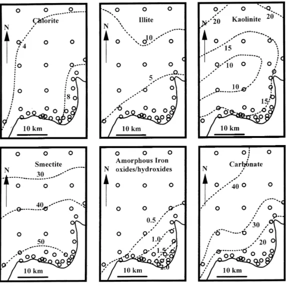 Fig. 2. The distribution of chlorite, illite, kaolinite, smectite, amorphous iron oxides/hydroxides and carbonate (calcite) in Morphou Bay fine-grained sediments