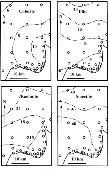 Fig. 3. The aerial variations in the relative proportions of the clay minerals (chlorite, illite, kaolinite and smectite) in the fine-grained