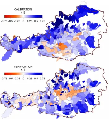 Fig. 7. Spatial patterns of the correlation coefficient, r , between soil moisture simulated by the hydrologic model and soil moisture derived from the ERS scatterometer in the calibration (1991–1995) and verification (1996–2000) periods