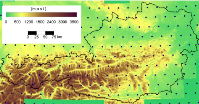 Fig. 1. Location of centroids of the pixels for the scatterometer data in Austria.
