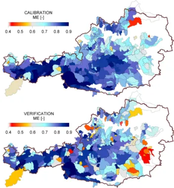Table 2. Median and quantile difference (75% and 25%) of runoff model efficiency (ME), volume errors of runoff (VE), snow cover simulations error (Z S ) and correlation coefficient between the two soil moisture estimates (r)