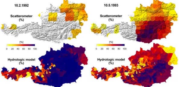 Fig. 3. Examples of spatial patterns of relative root zone soil moisture simulated by the hydrologic model (bottom) and estimated by the ERS scatterometer (top) for two particular dates: 10 February 1992 (left) and 10 May 1993 (right).