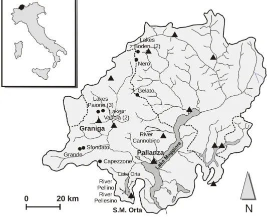 Fig. 1. The study area (Lake Maggiore catchment, north-western Italy) with the location of the sites used for the model application