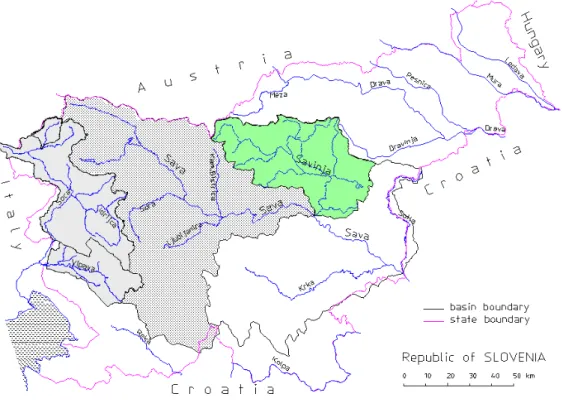 Fig. 1. River basins in Slovenia covered by the HEC-1 model.