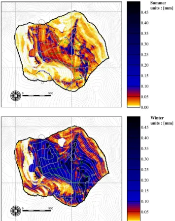 Fig. 7. Position of natural (streams: blue, old streambed: pur- pur-ple) and artificial (drains: brown, ditches: green) drainage features, and estimated positions of empirical frequently saturated  hydro-logic source areas (“wet spots” or VSAs: yellow), as