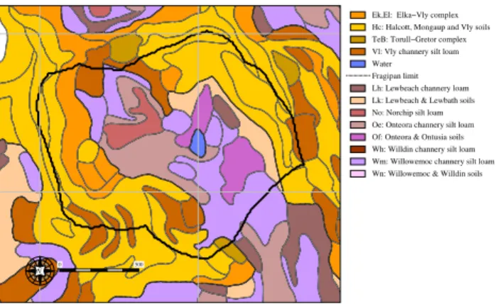 Fig. 2. Aerial photograph of the study watershed, with 5-m eleva- eleva-tion contours (white lines)