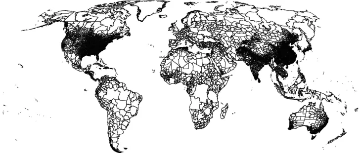 Fig. 2. Location and extent of the 10 825 sub-national units with information on area equipped for irrigation (or areas actually irrigated) that was used to develop the Global Map of Irrigation Areas Version 3 (Robinson projection).