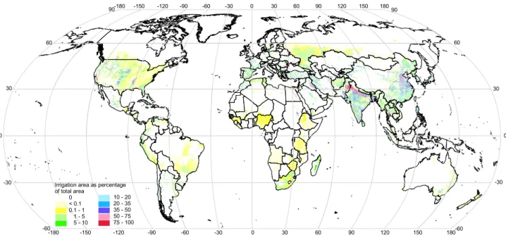 Fig. 3. Global Map of Irrigation Areas Version 3: Percentage of 5-min grid cell area that was equipped for irrigation around the year 2000 (Robinson projection).