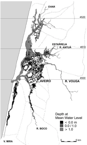 Fig. 1. The Ria de Aveiro, showing in light grey the sub-tidal zone and in dark grey and black the inter-tidal zones (below mean water level)