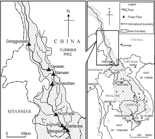 Fig. 1. Map showing China’s cascade dams in Yunnan province, with reference to the location of the dams in the Mekong River basin (background map).