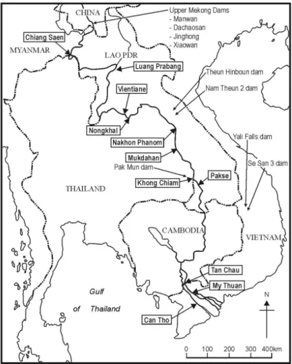 Fig. 2. Map of the lower Mekong River basin, showing the eleven gauging stations which were used for water discharge and sediment analyses.