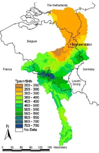 Figure 3 illustrates for January 20, seven days before the start of the major flood peak, a complete set of the  basin-averaged  accumulated  precipitation  of  the  deterministic forecast (red curve), the ensemble control run (green) and all ensemble memb
