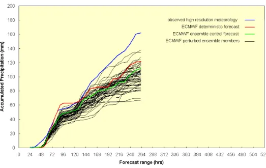 Fig. 3. 10-day accumulated basin-averaged precipitation forecasts of the ECMWF atmospheric global circulation model for January 20 1995 at 12:00 UTC (hour 24) over the Meuse catchment, The Netherlands.