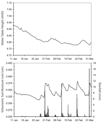 Fig. 6. Water table depth measured from ground level (top) and daily rainfall and soil moisture trends (bottom) at the central field site