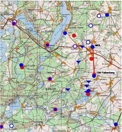 Fig. 1. LITFASS 2003 area with the measurement stations. Surface based measurements of the turbulent fluxes were taken at 13 sites (red dots), ground-based remote sensing systems were operated at three sites (yellow dots), the blue symbols mark the positio