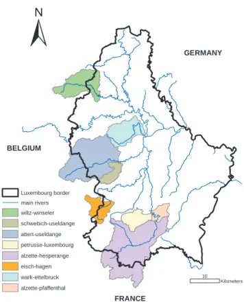 Fig. 1. Location of the subcatchments in the Grand-Duchy of Lux- Lux-embourg.