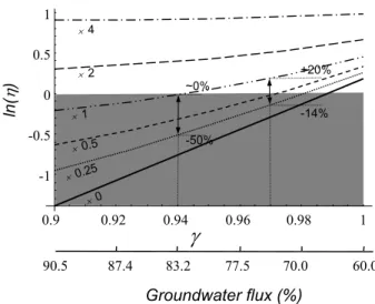 Fig. 3. Relationship between stream reach relative mass balance (h) and the hydrological parameter g (Eqn