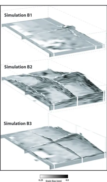 Fig. 7. Internal grain size distribution of reworked and deposited sediments of the lower fan at the end of simulations B1, B2 and B3.