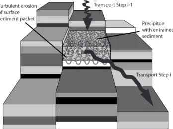 Fig. 1. Illustration of the sediment columns and the stochastic movement of a precipiton over two transport steps