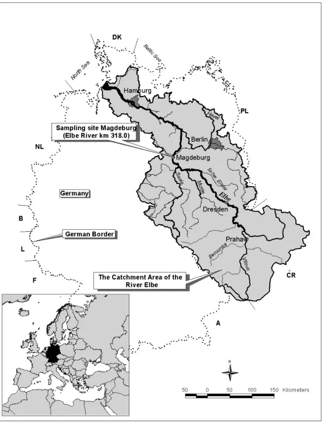 Fig. 1. Catchment area of the River Elbe with main tributaries and Magdeburg monitoring station (Map: O