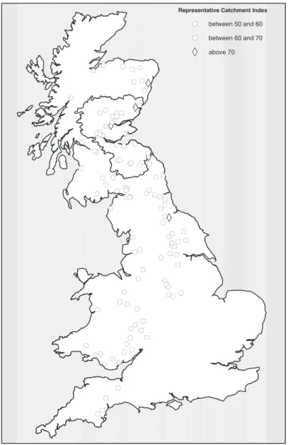 Fig. 2. Location and indication of RCI of a Britain-wide selection of stations (1021 catchments) tested against south-east Scotland (black delineation); only stations with RCI above 50 are featured (117 catchments).
