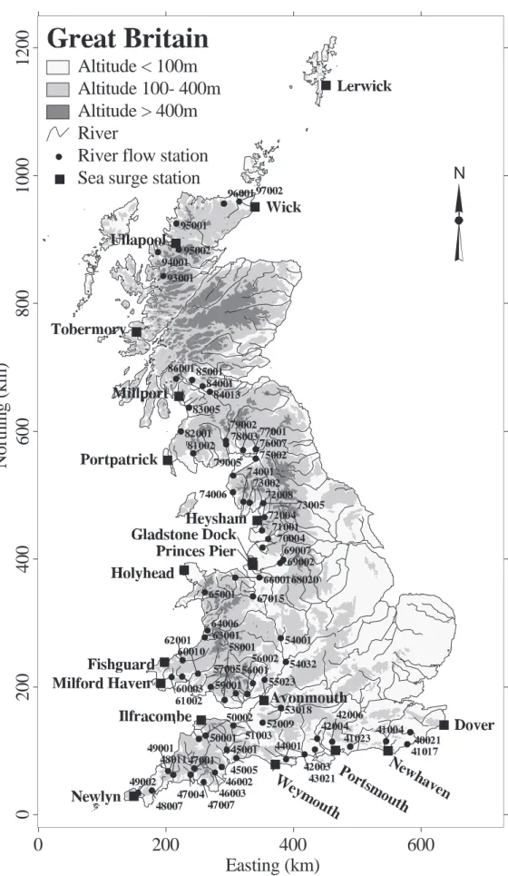 Fig. 1. Location of sea level stations and river flow stations