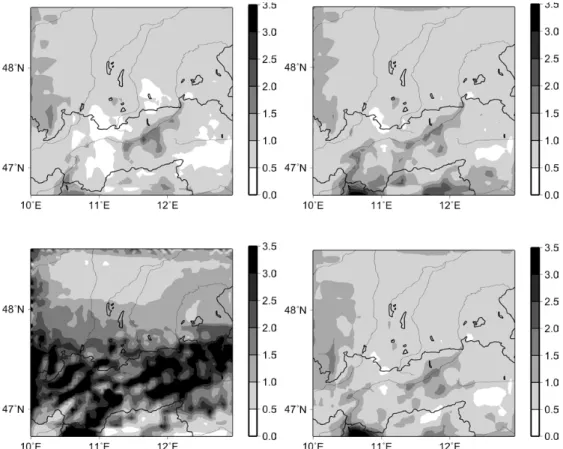 Fig. 14. Coefficient of variation of ECMWF ECHAM4 precipitation ratio k, for January (a; upper left), April (b; upper right), July (c; lower left), October (d; lower right)