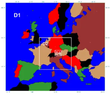 Fig. 3. The regional climate model MCCM was applied in 3 nests dynamically downscaling the ECHAM4 scenario IS-92a from T42 resolution (2.5 × 2.5°) to 4 × 4km².