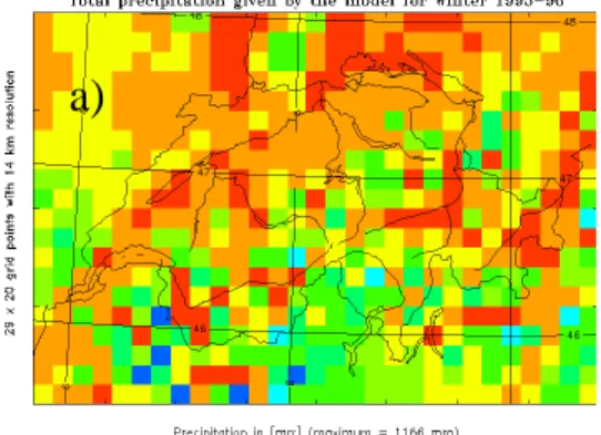 Fig. 8. Seasonally accumulated precipitation for Winter 1995/1996 (Panels a, b) and Winter 1999/