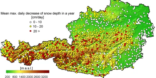 Fig. 11. Mean maximum daily decrease in snow depth (cm/day) at 754 climate stations. The mean is calculated over the maximum daily decreases in each year of the period 2000–2005.