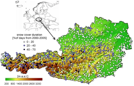 Fig. 1. Topography of Austria and spatial distribution of the 754 climate stations with snow depth measurements used in this paper