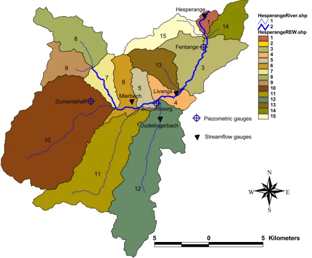Fig. 3. Delineation of the REWs for the Hesperange catchment and distribution of the gauging stations.