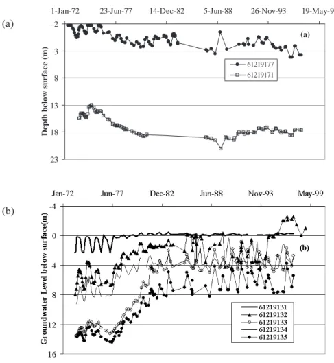 Fig. 3. Groundwater level variations observed at stream zones of (a) Salmon and (b) Wights catchments.