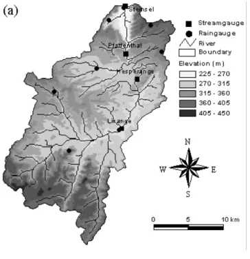 Fig. 2. Gauging network, topography (a) and land-use (b) of the Steinsel sub-basin