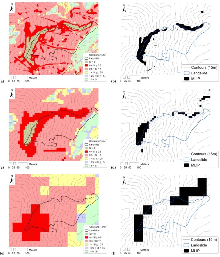 Fig. 11. Illustration of the stability index, and corresponding most likely landslide initiation locations identified for one landslide complex for representative digital terrain model resolutions used: (a) and (b) 2 m digital terrain model resolution, (c)