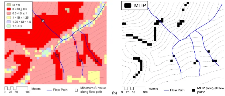Fig. 1. Illustration of most likely landslide initiation points (MLIP). (a) SINMAP Stability Index (SI) map with the locations of the lowest stability index value along four example flow paths identified