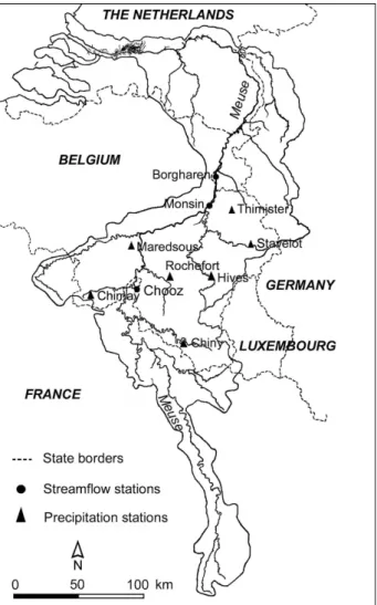Fig. 1. Location of the Meuse river basin including the discharge and precipitation gauging stations used in this study.