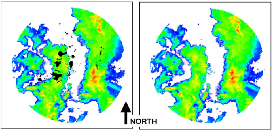 Fig. 10. Durban radar rainfall reflectivity data before and after ground clutter removal (18 November 2000)