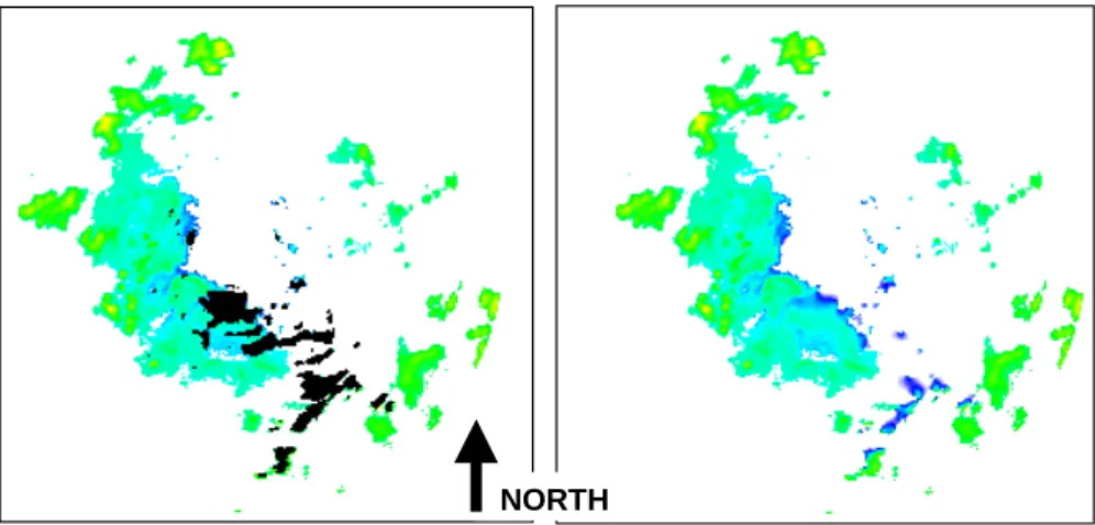 Fig. 13. Bethlehem radar rainfall reflectivity image before and after ground clutter removal (25 February 2003)