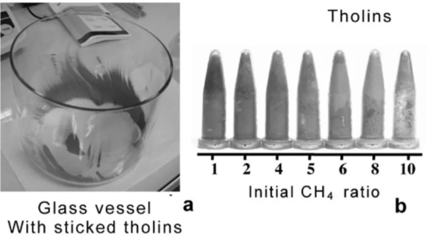 Fig. 1. Tholins produced by the PAMPRE instrument. (a) Glass vessel coated by tholins (b)